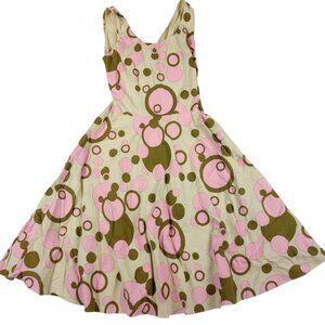 Lapis S Pink Green Circle Print Fit and Flare Sleeveless Dress Cotton Linen Chic